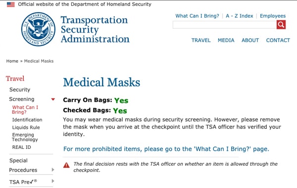 TSA Site on Medical Masks